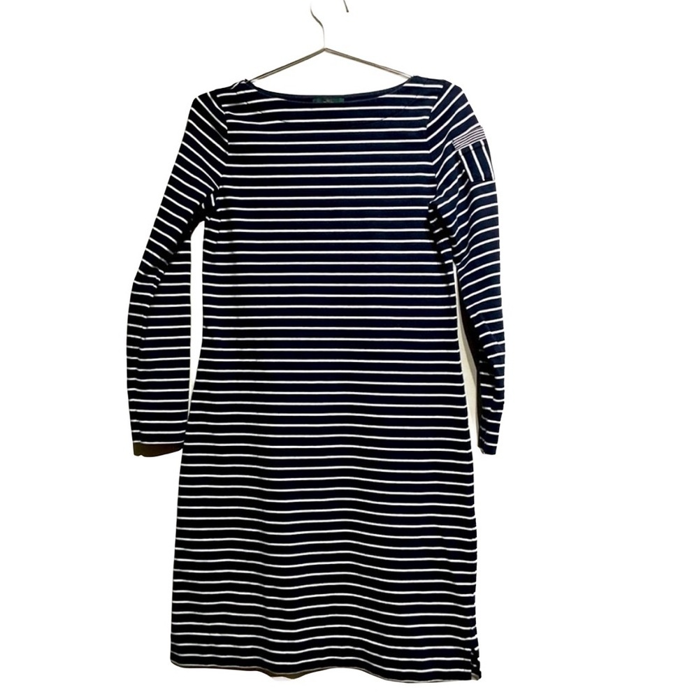 Classic Ralph Lauren Navy/White Blue Stripped Dress Size S. MIDI Length Coastal